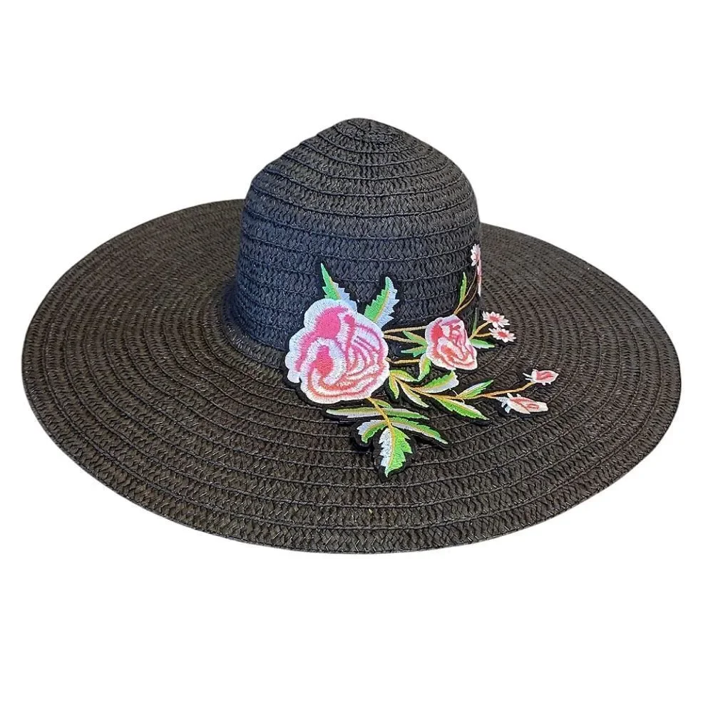 Y2K Black with Pink Floral Embroidered Applique Oversized Straw Floppy Hat - Picture 8 of 11